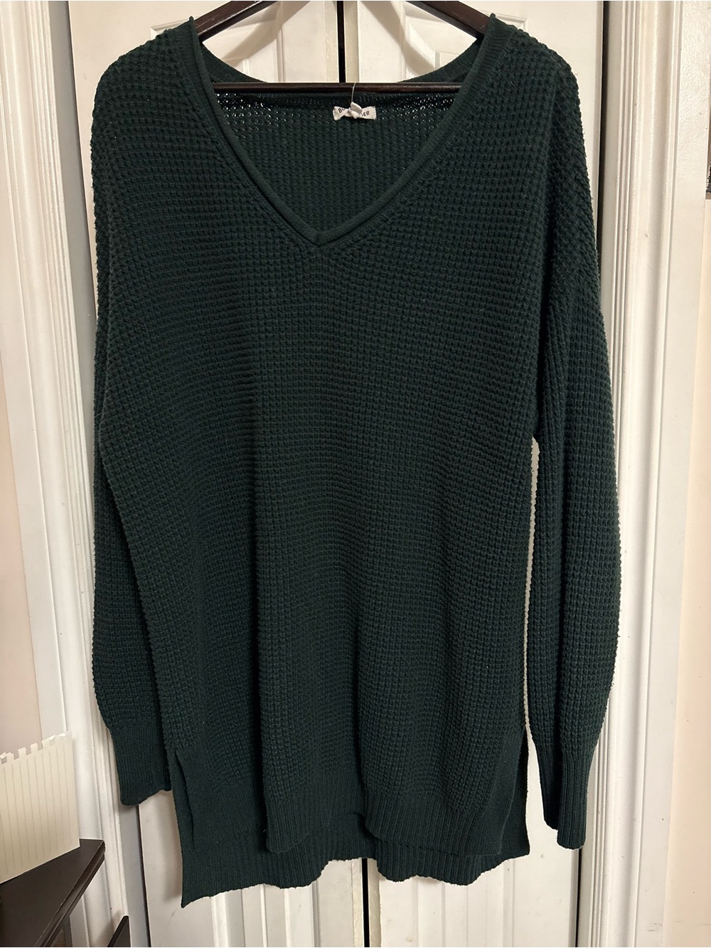 Woman’s V-Neck Waffle Knit Sweater — Dark Green